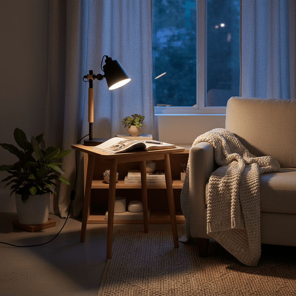 A black and wood table lamp illuminates a wooden side table with a magazine, a plant, and a cozy blanket draped over a light-colored sofa.