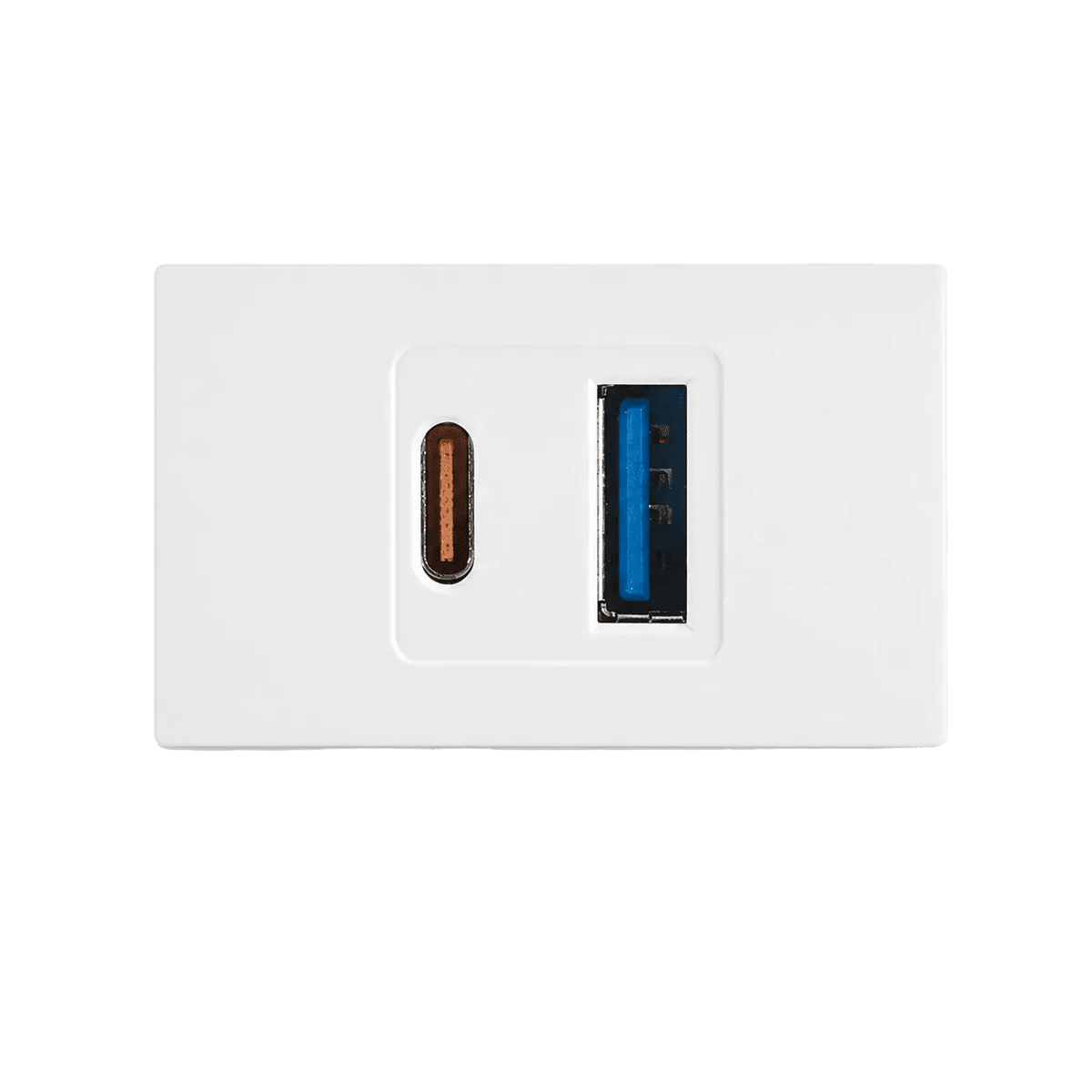 White panel featuring one USB-C port and one USB-A port, with a smooth finish and minimalistic design.
