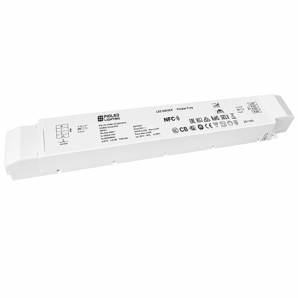 Dimmable 24Vdc LED power supply with surge protection, slim design, and clear labeling.