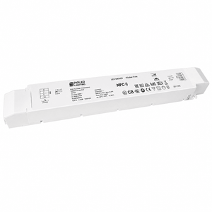 Dimmable 24Vdc LED power supply with surge protection, slim design, and clear labeling.