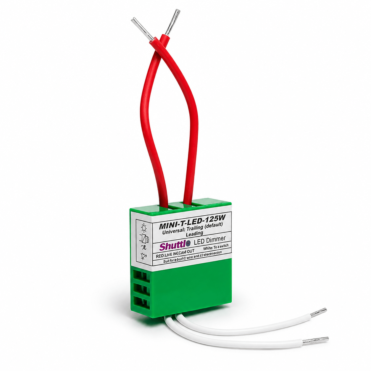 Compact Shuttle LED Dimmer Module with wiring, designed for smooth dimming of GU10 LED lights.