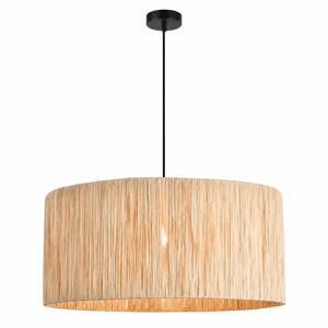 Clocolan Raffia Large Pendant Light with a textured raffia shade and metal trim, suspended from a black ceiling mount.