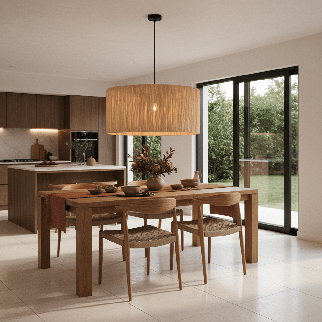 Large raffia pendant light hanging over a wooden dining table set with dishes and a vase in a modern kitchen.