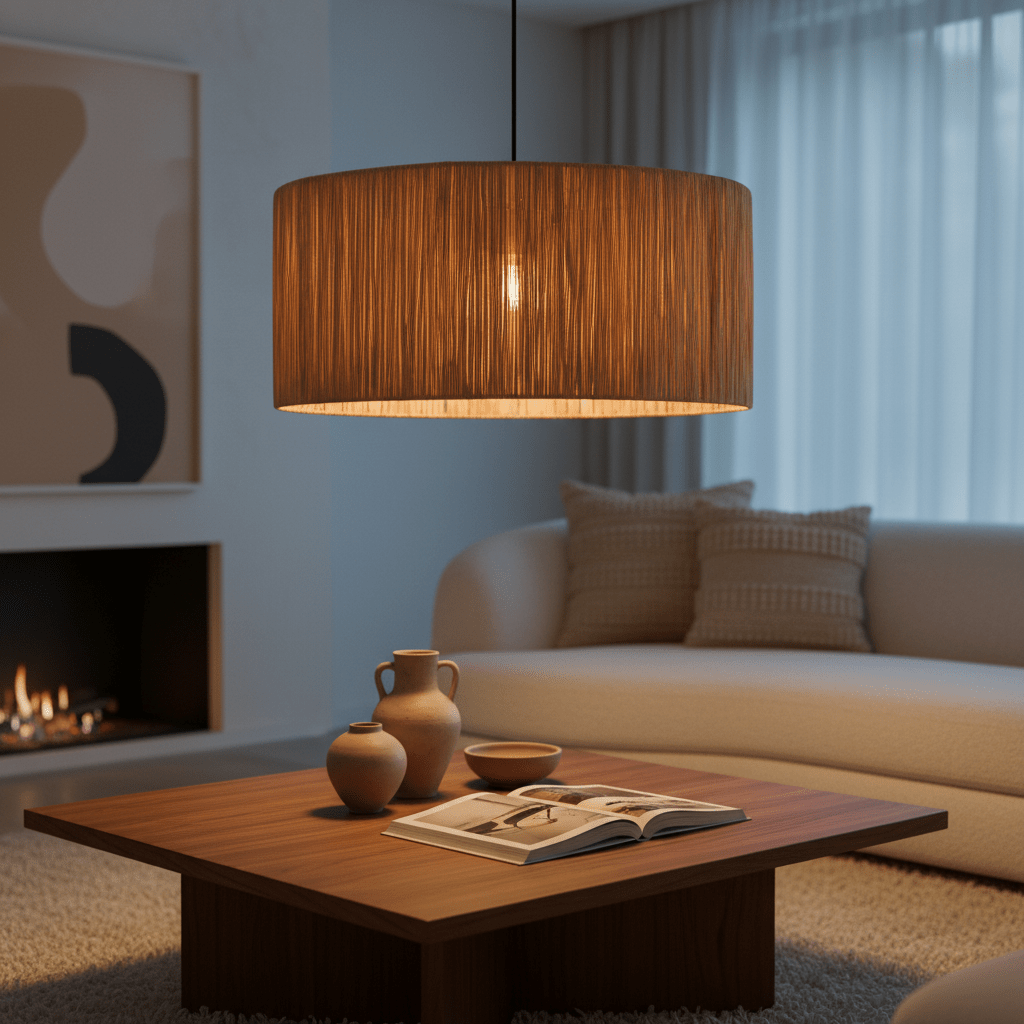 Clocolan Raffia Large Pendant Light hanging above a wooden coffee table with decorative vases and a magazine.