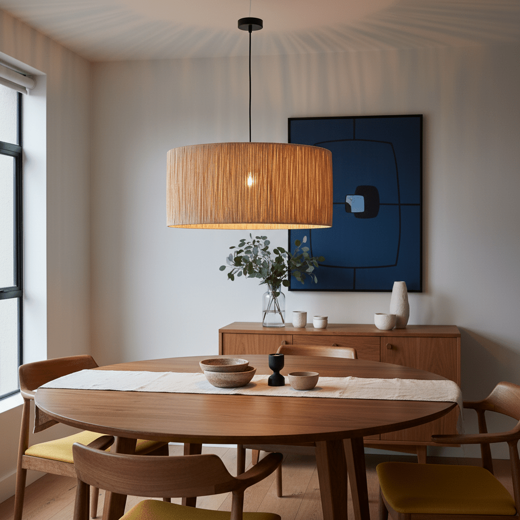 Clocolan Raffia Large Pendant Light hanging above a wooden dining table with decorative bowls and a vase.