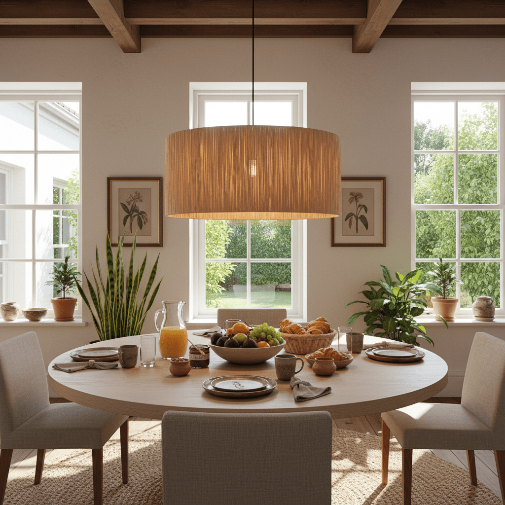 Large raffia pendant light hanging above a dining table set with food and drinks, surrounded by windows.