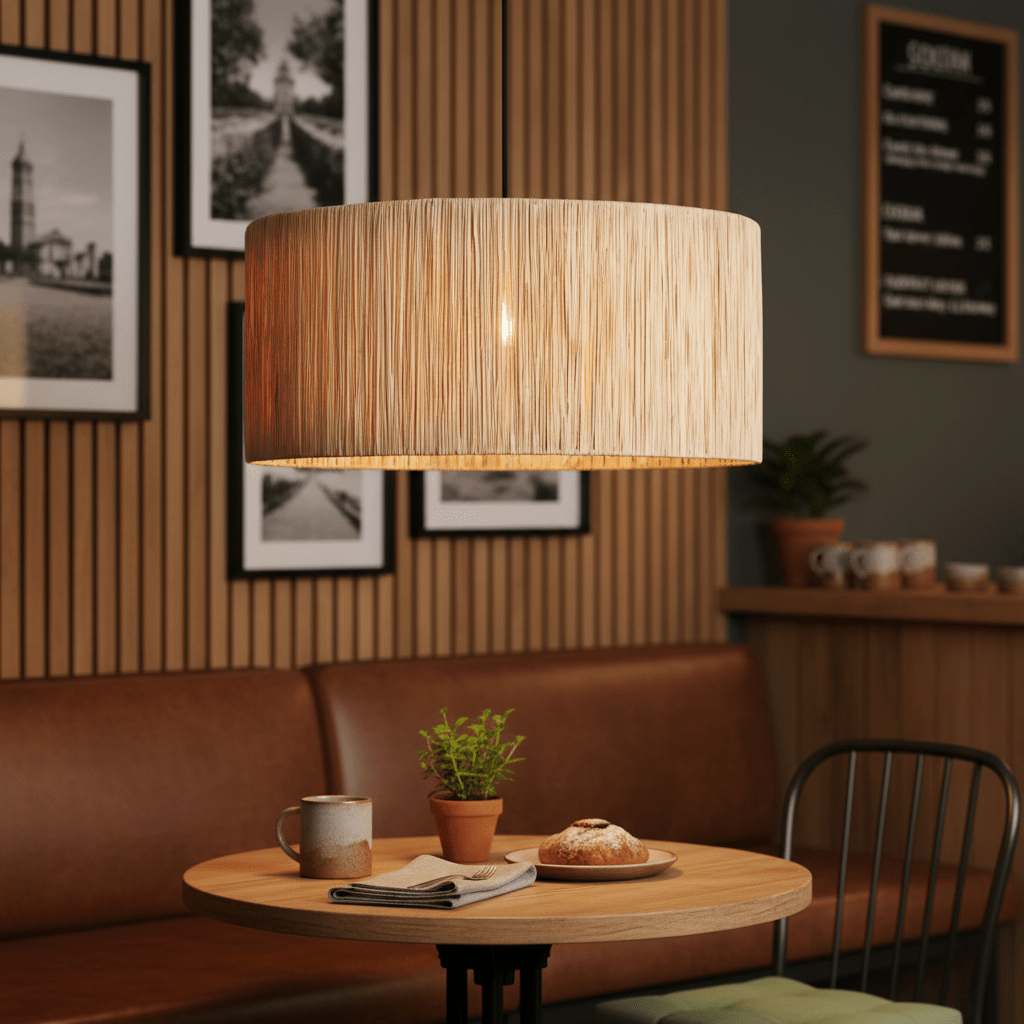 Clocolan Raffia Large Pendant Light hanging above a wooden table with a coffee cup, plant, and pastry.