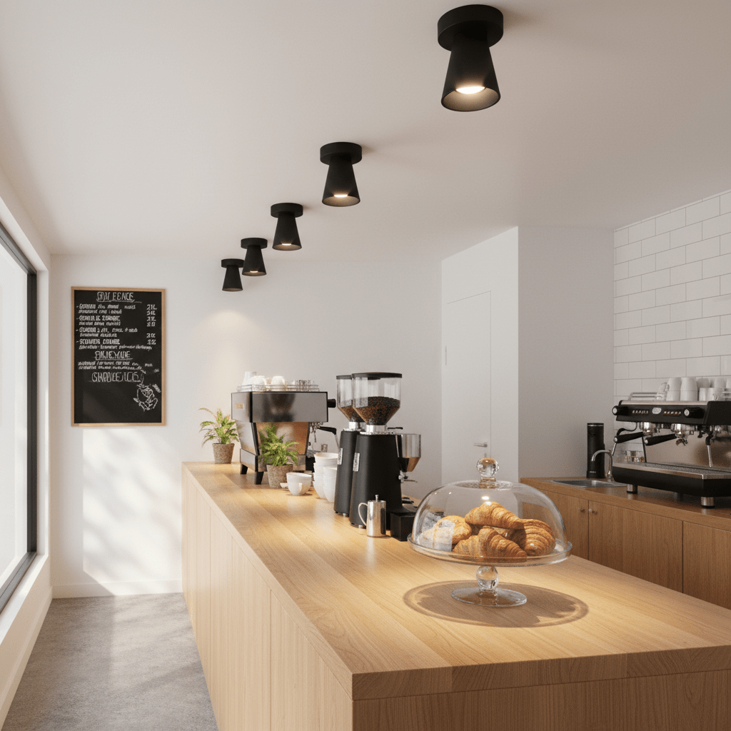 A modern café interior featuring multiple black surface-mounted downlights illuminating a wooden countertop with pastries.