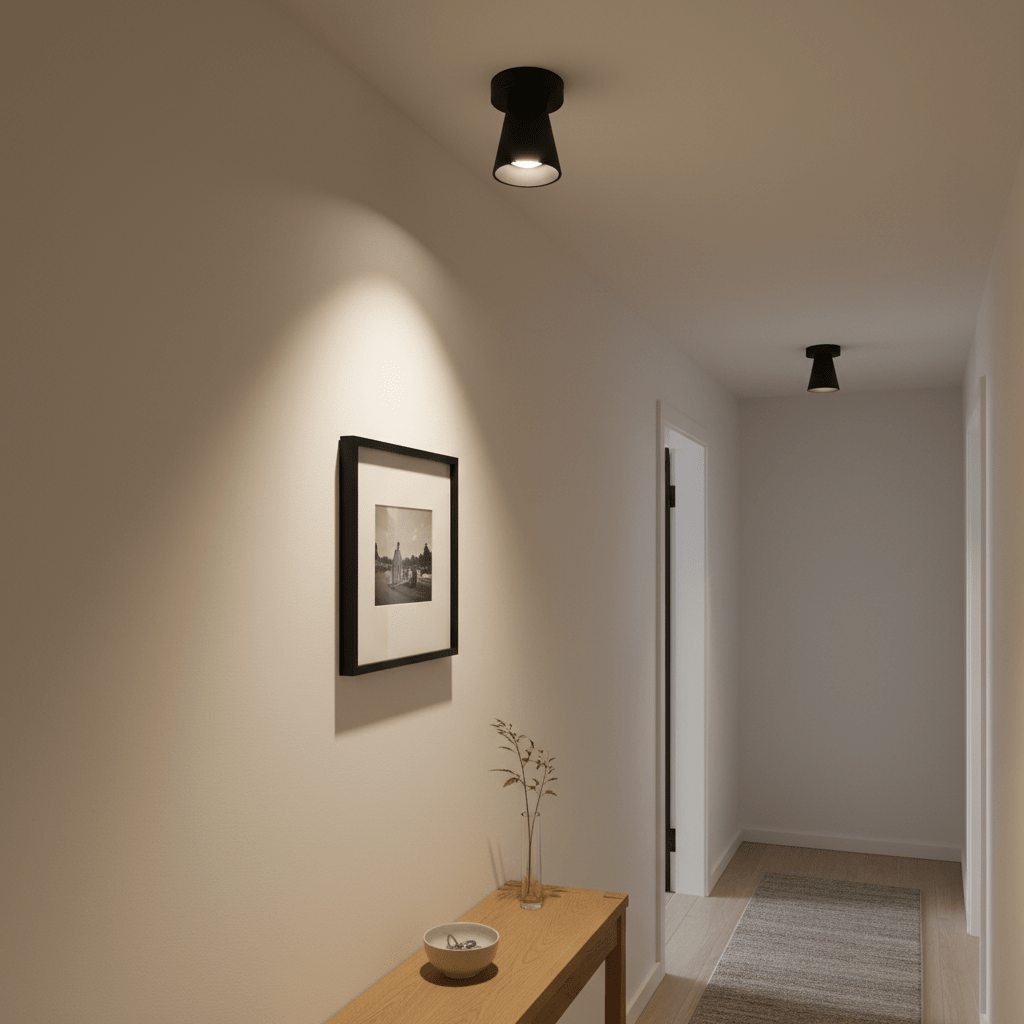 Kiddush surface-mounted downlight illuminating a hallway with a framed picture and wooden table.