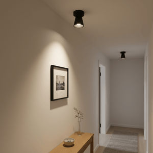 Kiddush surface-mounted downlight illuminating a hallway with a framed picture and wooden table.