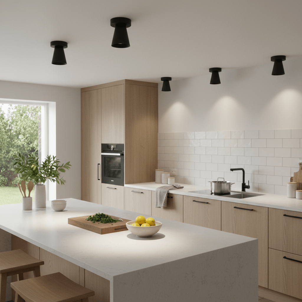 Stylish black surface-mounted downlights illuminate a modern kitchen with wooden cabinets and a white countertop.