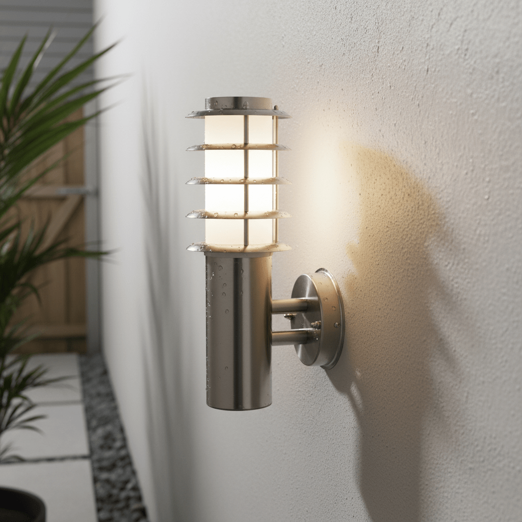 Stainless steel outdoor wall light mounted on a textured wall, casting a soft glow.