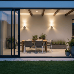 Modern outdoor wall light illuminating a patio dining area with plants and seating.