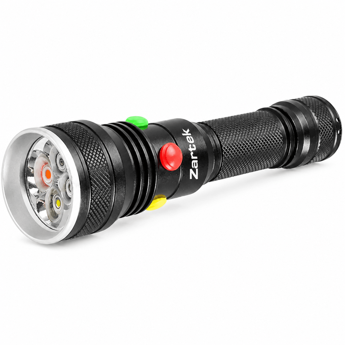 Rechargeable LED torch with four color buttons for white, red, yellow, and green illumination.