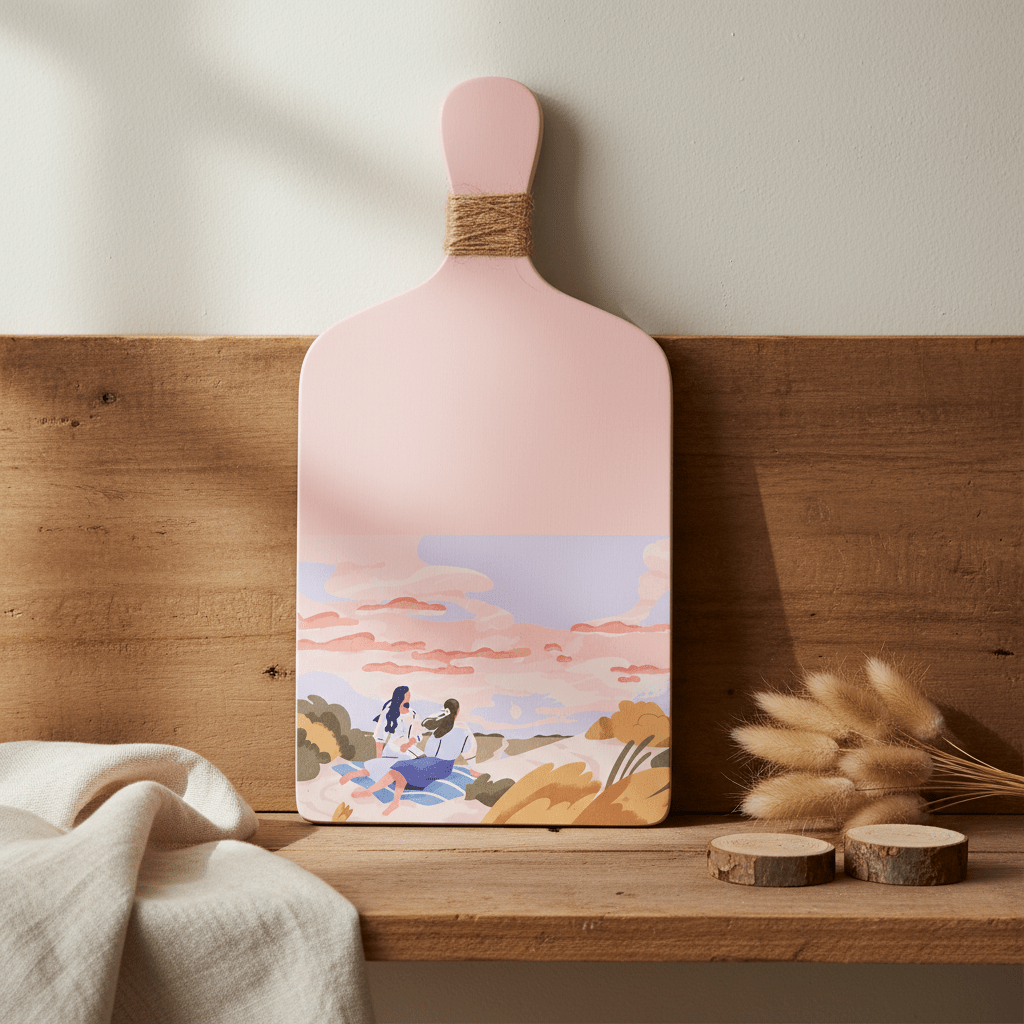 Light pink decorative wooden board featuring a scenic illustration, displayed on a wooden shelf with natural elements.