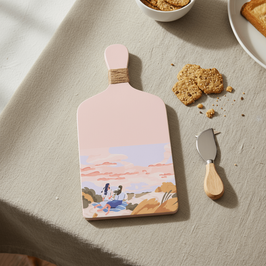Light pink wooden decor board with a scenic illustration, placed on a textured tablecloth with snacks.