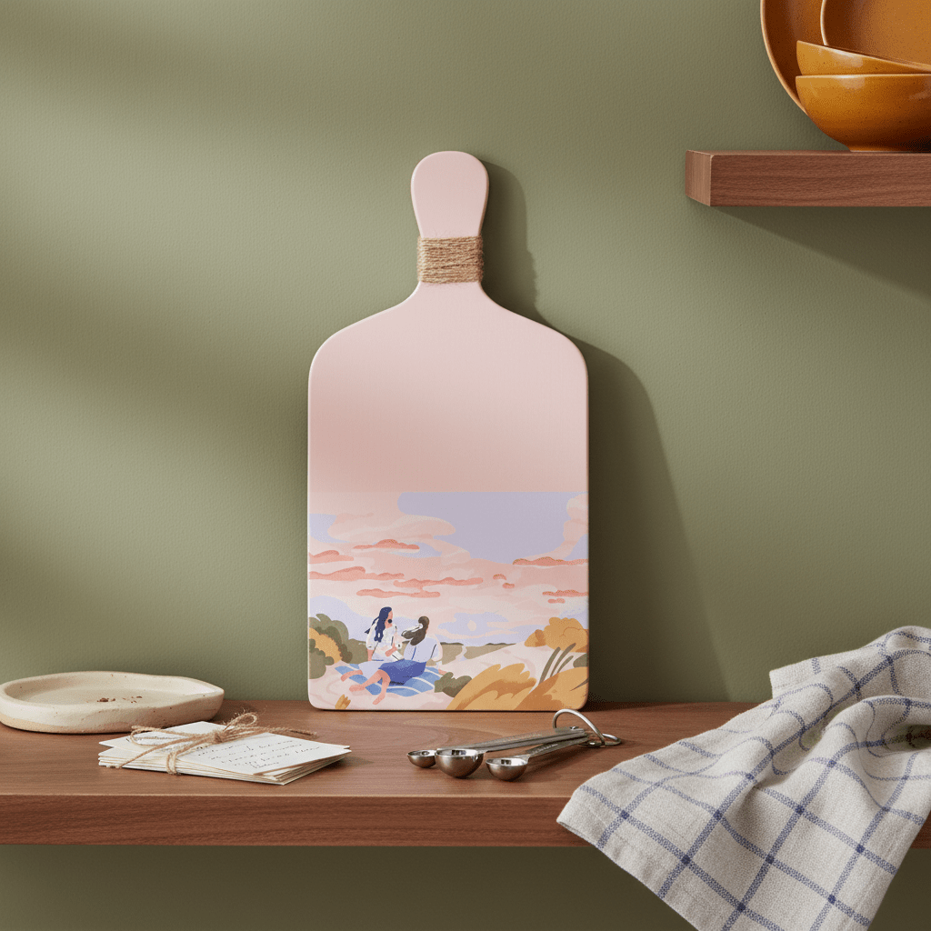 pink ladies-themed decorative plaque styled on a table beside a cup and decor