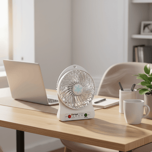 A white rechargeable mini desk fan on a wooden table beside a laptop, coffee mug, and plant.