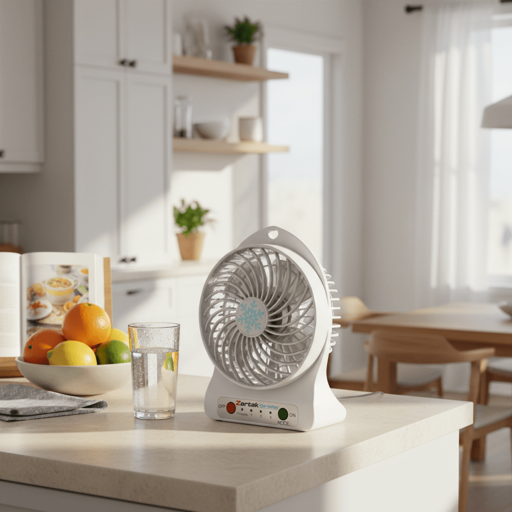 Rechargeable portable mini fan on a kitchen counter with fruits and a glass of water.
