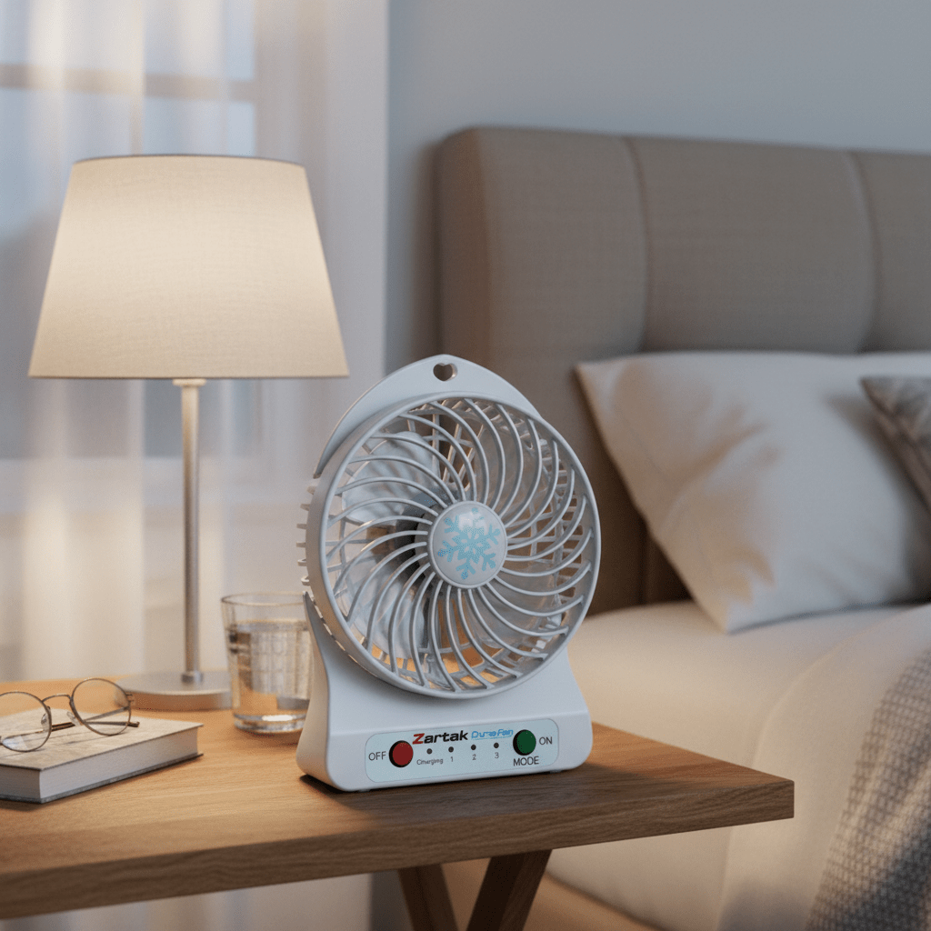 Rechargeable portable mini fan on a bedside table next to a lamp and glasses, providing airflow.