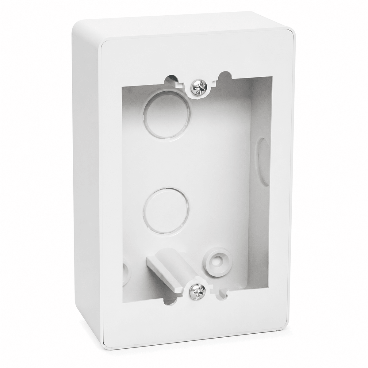Plastic surface mount wall box with openings for wiring connections, designed for indoor use.
