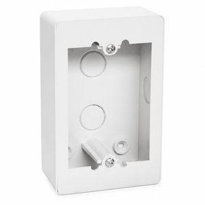 Plastic surface mount wall box with openings for wiring connections, designed for indoor use.
