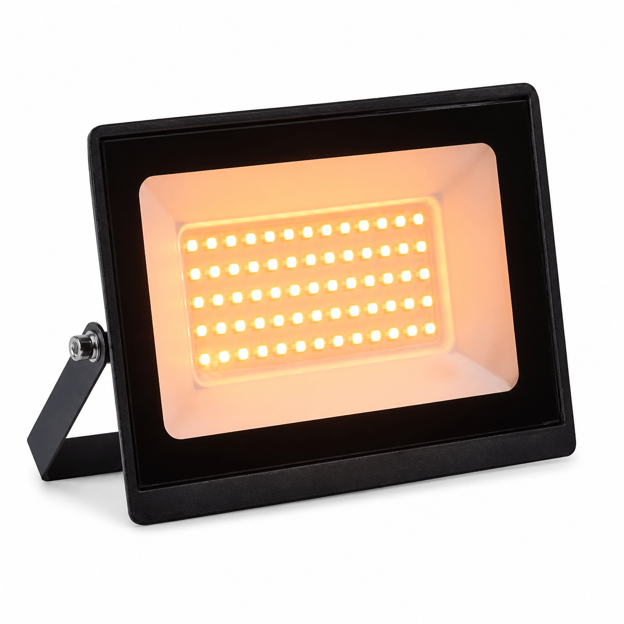 Amber insect-repelling 50W LED floodlight with a sleek design, emitting a warm glow.
