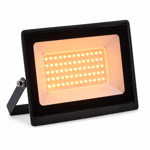 Amber insect-repelling 50W LED floodlight with a sleek design, emitting a warm glow.