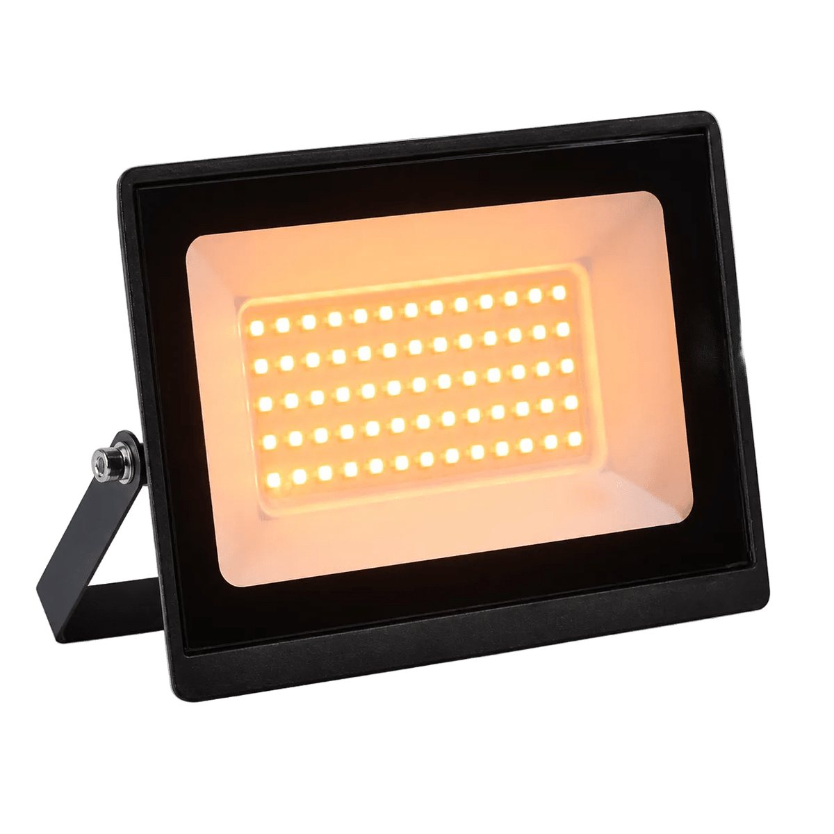 Black rectangular LED floodlight with amber illuminated panel and side mounting bracket