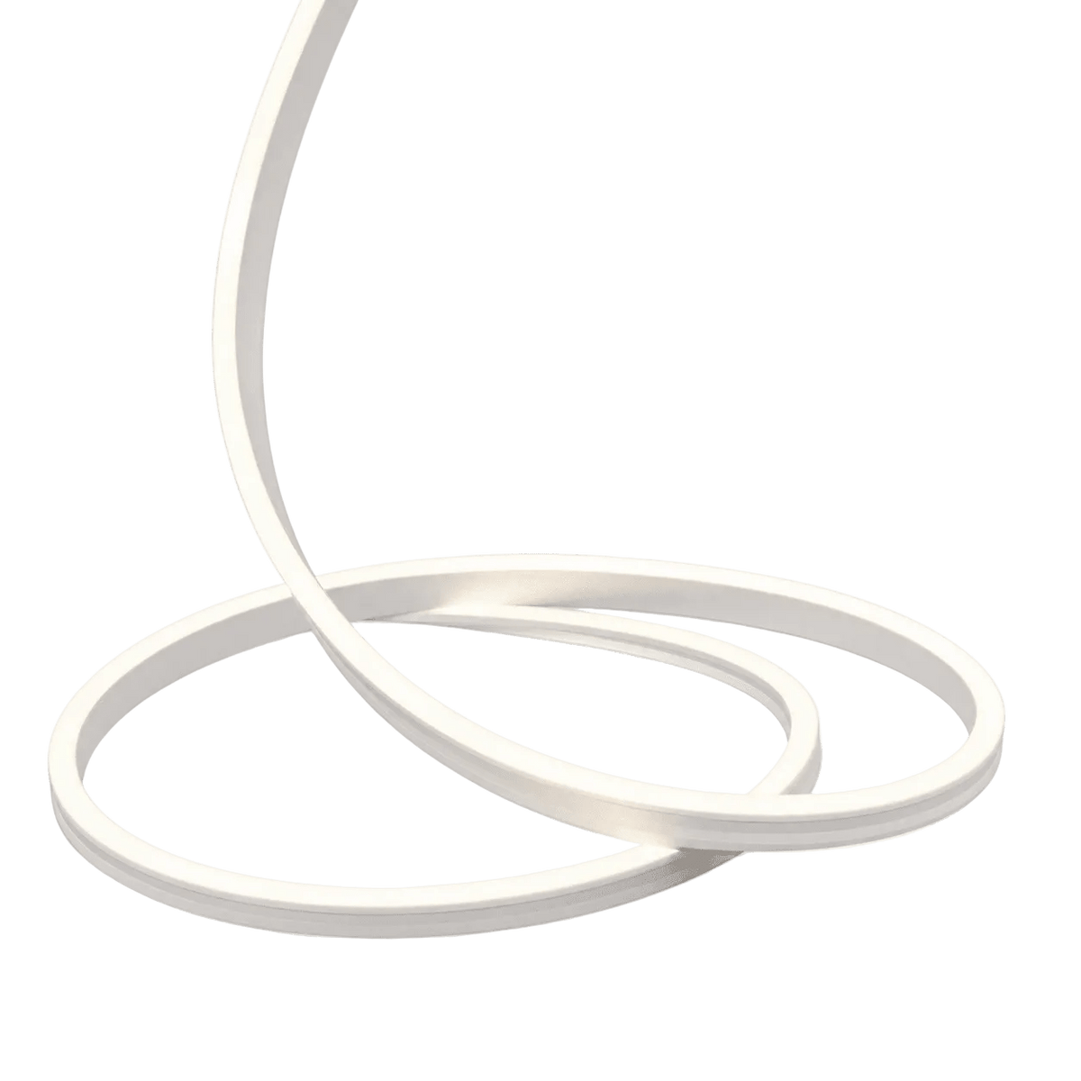 A flexible, white LED strip light arranged in a looping, intertwined shape against a black background.