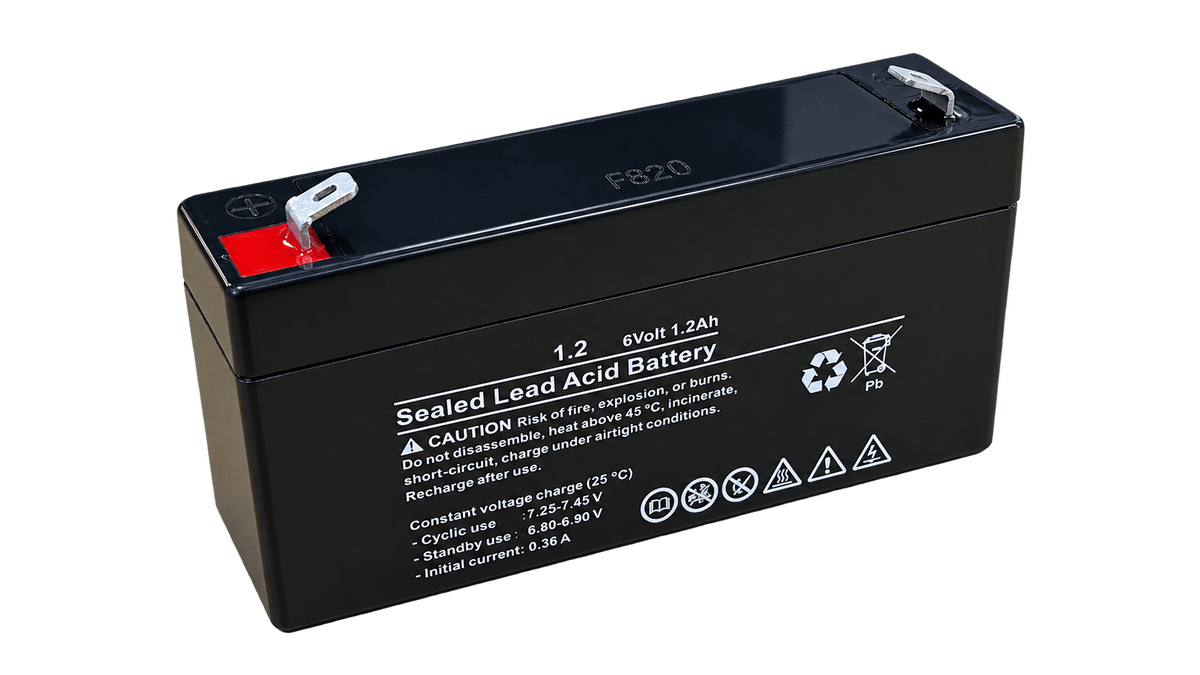 Rechargeable 6V 1.2Ah sealed lead-acid battery with transparent background