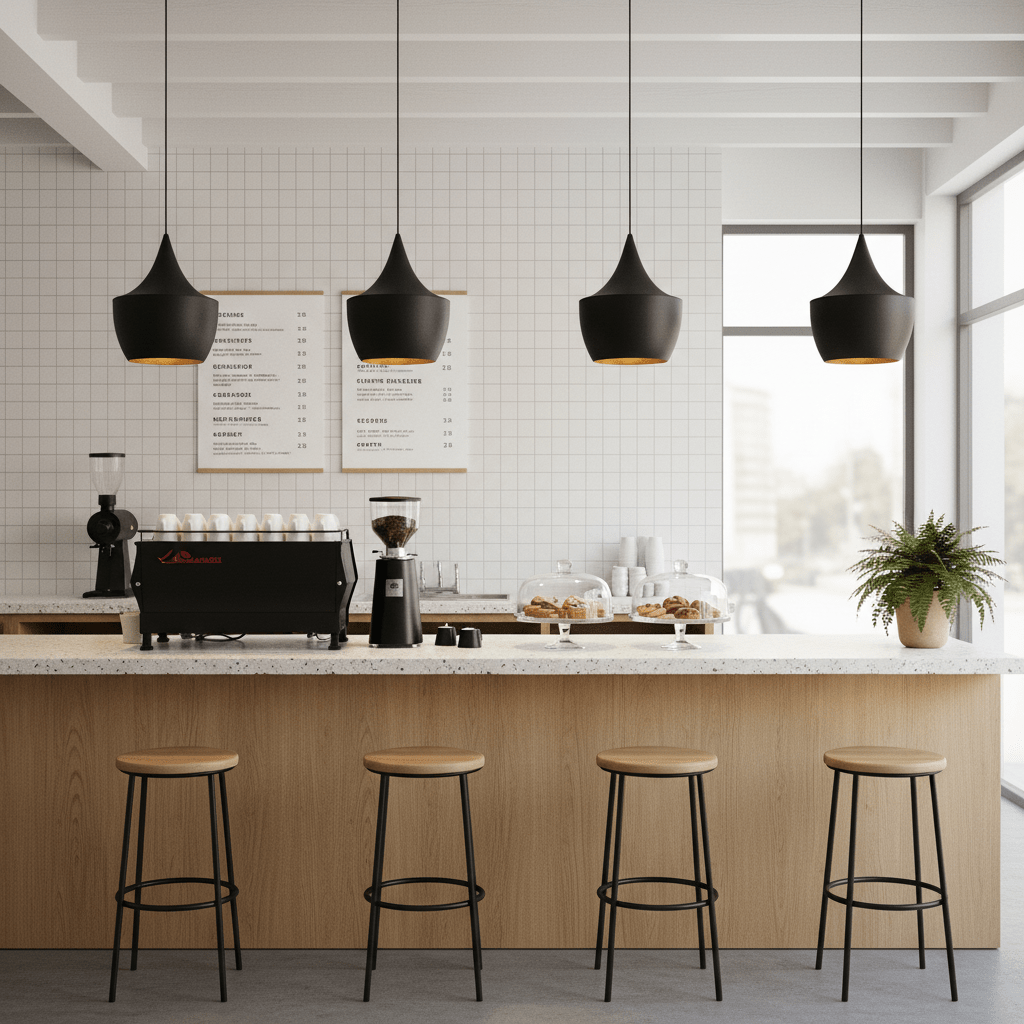 Three Miso Nordic Pendant Lights hanging above a modern kitchen island with wooden stools and a coffee station.