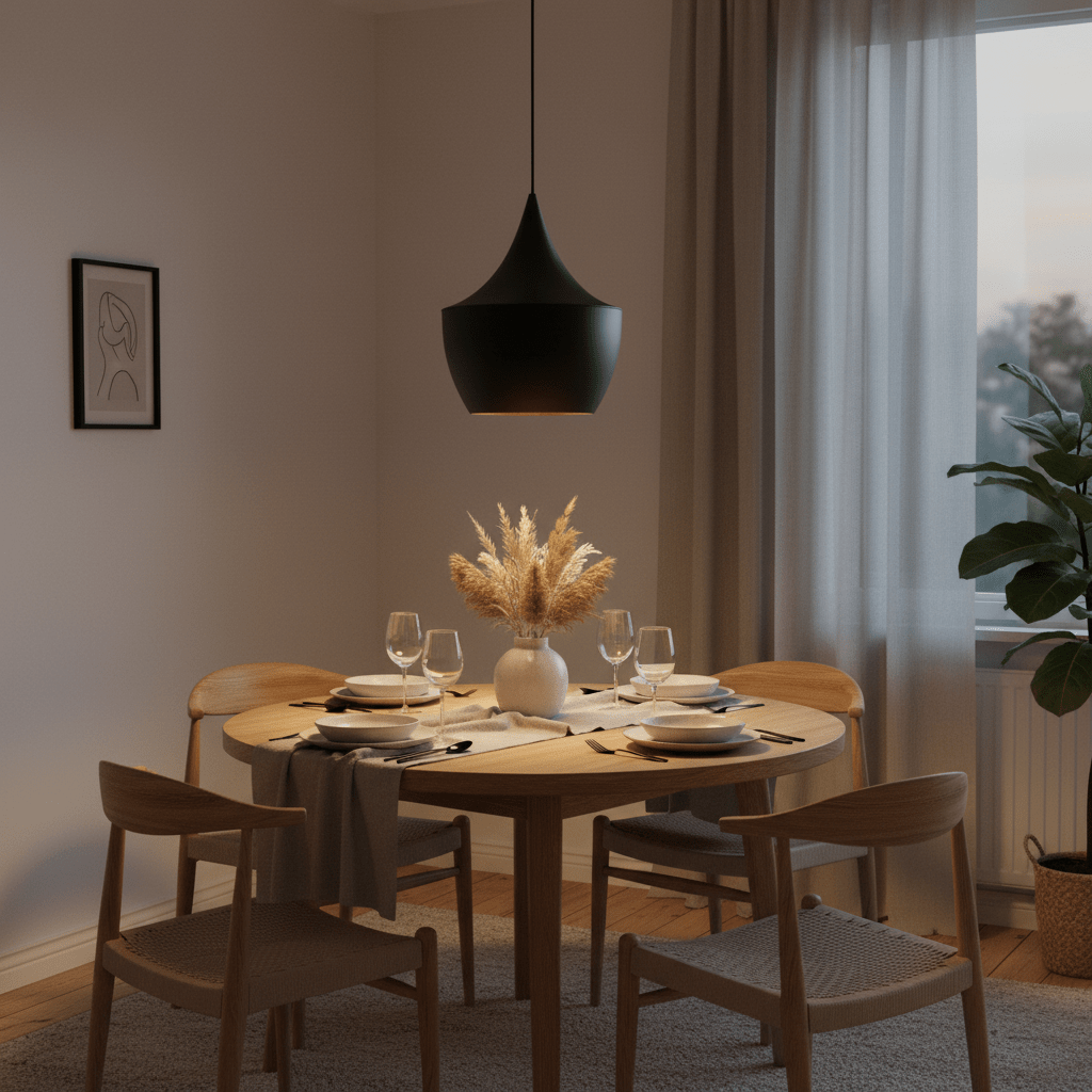 Miso Nordic Pendant Light hanging above a round dining table set with plates and glasses, featuring a floral centerpiece.