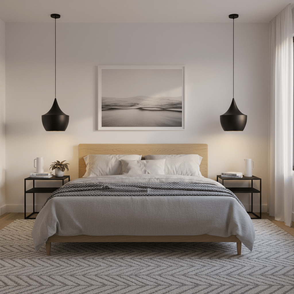 Two Miso Nordic Pendant Lights hang above a cozy bed in a modern bedroom setting.