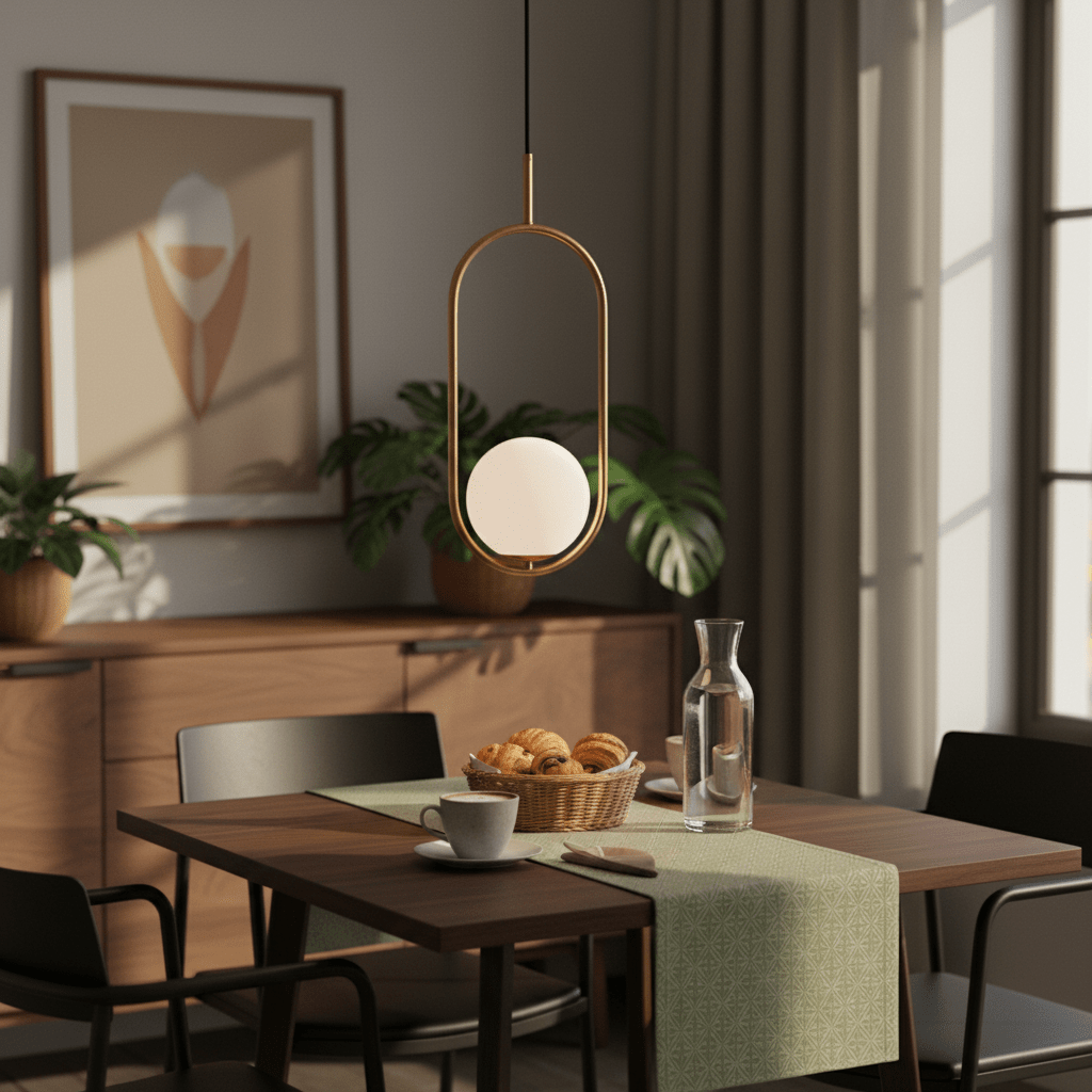 Luna Short G9 Pendant Light in gold hanging above a dining table with pastries and a drink.