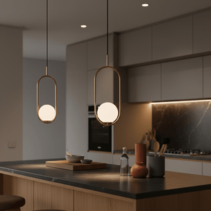 Two Luna Short G9 Pendant Lights in gold hang over a kitchen island, illuminating a modern space.