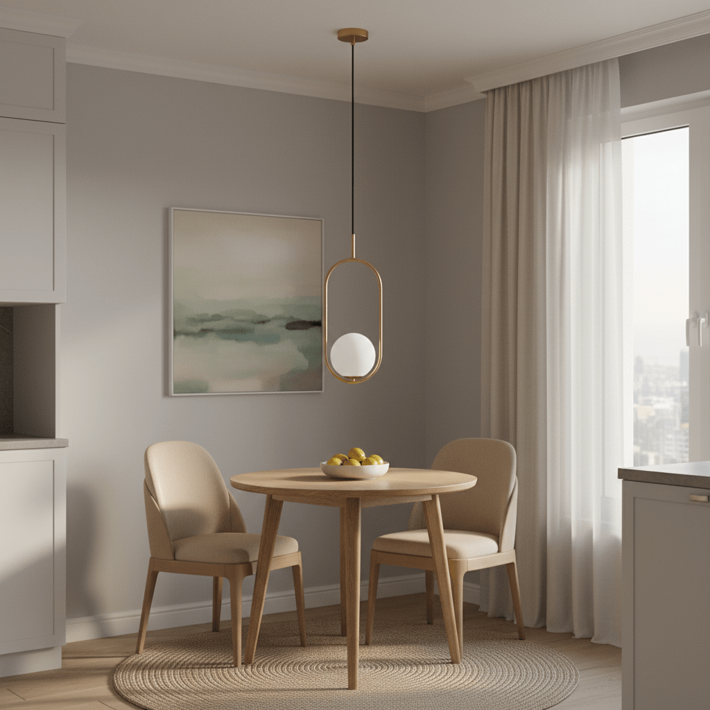 Luna Short G9 Pendant Light in gold hanging over a small wooden dining table with two chairs and a bowl of fruit.
