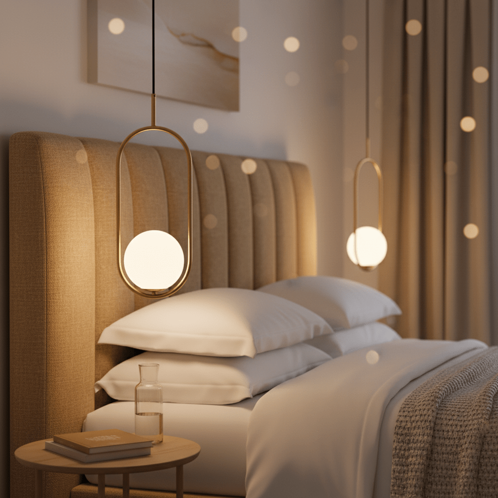 Luna Short G9 Pendant Light in gold hanging beside a bed, illuminating a cozy bedroom setting.