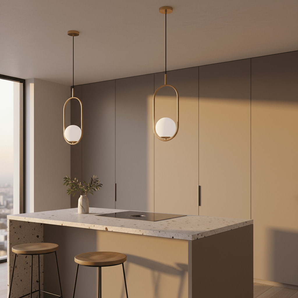 Two Luna Short G9 Pendant Lights hang over a modern kitchen island with a textured countertop and wooden stools.