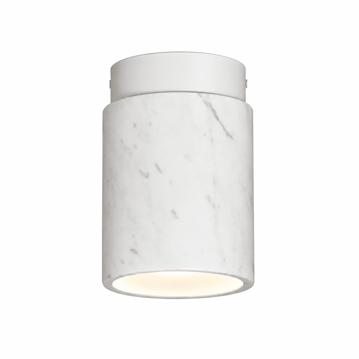 Close-up view of a white marble downlight holder with a sleek metal top, showcasing its elegant design.