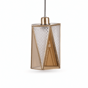 Hex Elegance Pendant Light featuring a geometric hexagonal frame with clear glass panels and a golden finish.