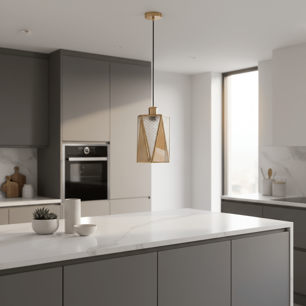 Hex Elegance Pendant Light hanging above a modern kitchen island with a marble countertop.
