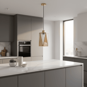 Hex Elegance Pendant Light hanging above a modern kitchen island with a marble countertop.
