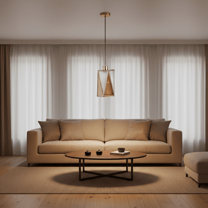 Hex Elegance Pendant Light hanging above a cozy beige sofa in a softly lit living room.