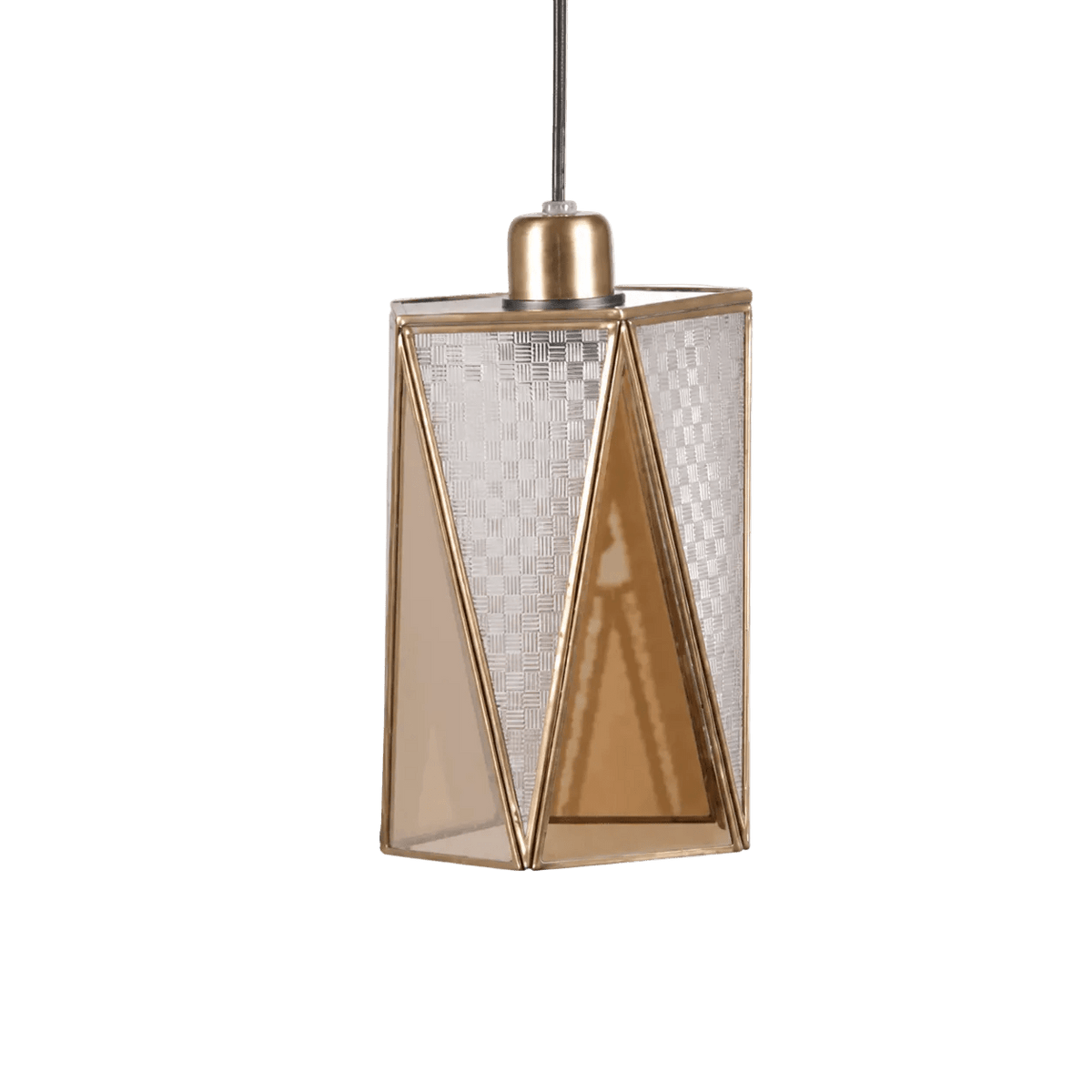 Hexagonal pendant light with a gold finish and textured glass panels, suspended from a black cord.