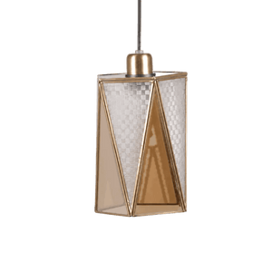 Hexagonal pendant light with a gold finish and textured glass panels, suspended from a black cord.