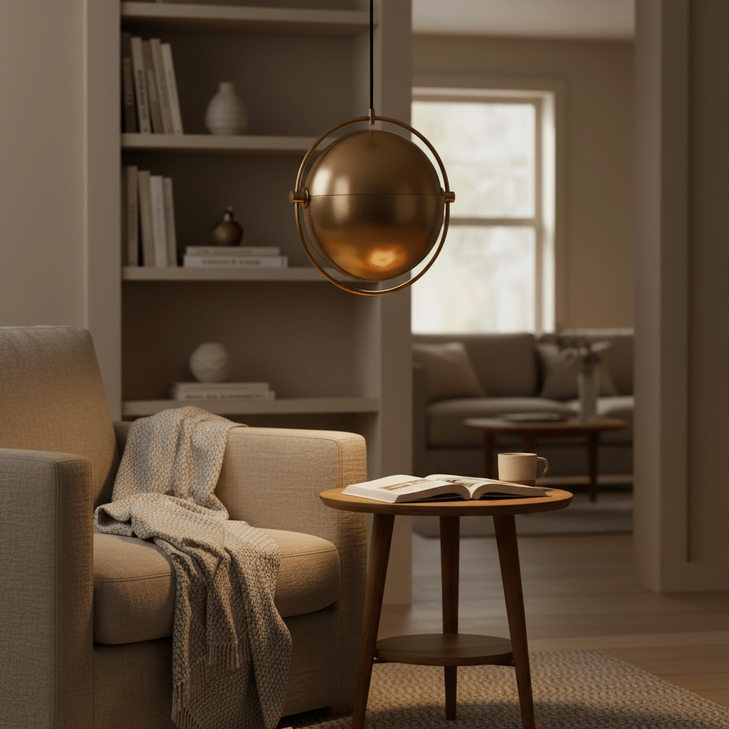 Antique brass pendant light hanging above a cozy armchair with a blanket and a coffee table.