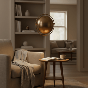 Antique brass pendant light hanging above a cozy armchair with a blanket and a coffee table.