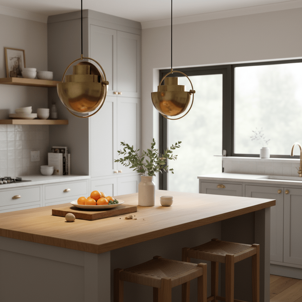 Two Jupiter Mult-Way Antique Brass Medium Pendants hang over a wooden kitchen island with a vase and fruit.