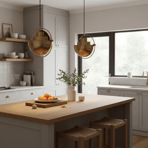 Two Jupiter Mult-Way Antique Brass Medium Pendants hang over a wooden kitchen island with a vase and fruit.